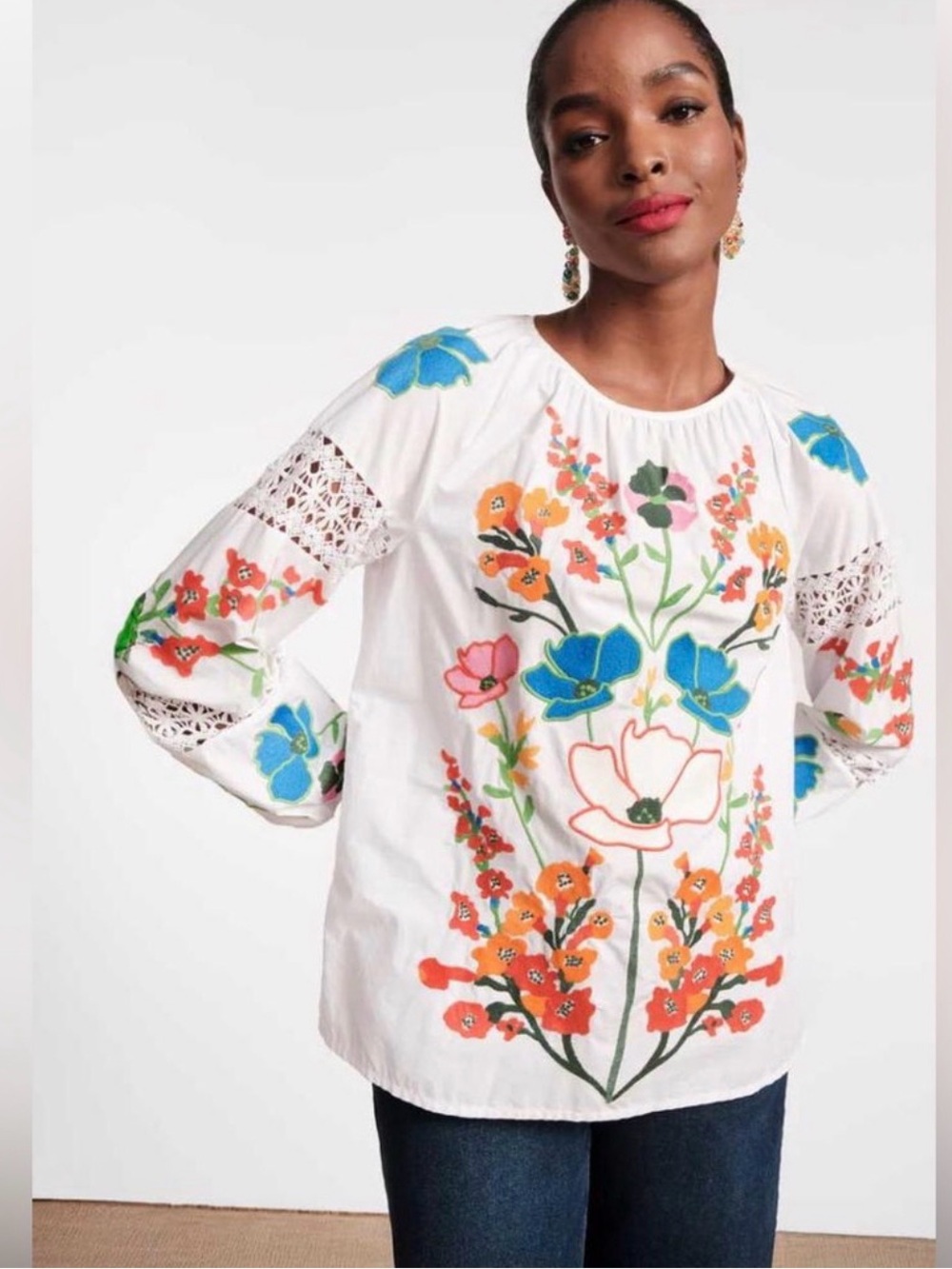 Frances Valentine Saskia bloque Large white Red Embroidered eyelet long sleeves